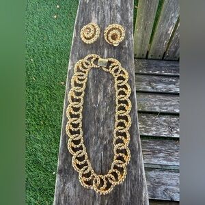 VTG Erwin Pearl Necklace And Earrings Set Gold Tone Signed Rope Chain Pretzel‎